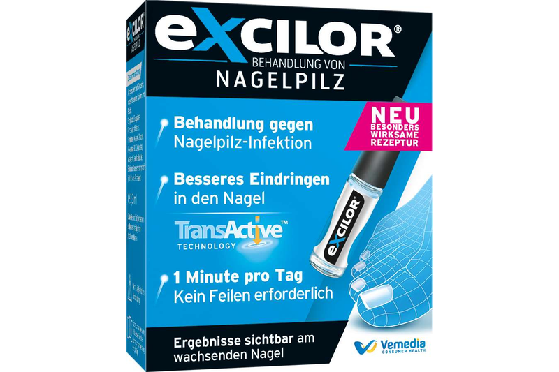 Verpackung von Excilor zur Behandlung von Nagelpilz mit Anwendungshinweisen und besonderen Technologien.
