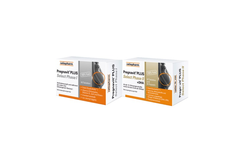 Zwei Verpackungen von Pregnavit Plus Select Phase I und II, mit Informationen zu Inhaltsstoffen und Anwendung.