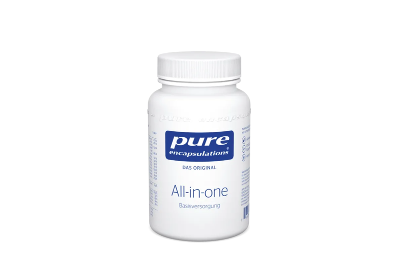 Weißer Kunststoffbehälter mit Schraubverschluss, Aufschrift "pure encapsulations", Produktname "All-in-one".