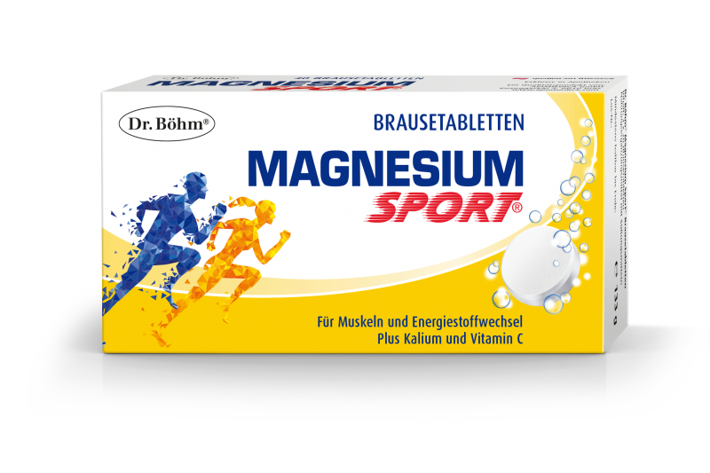 Verpackung von Dr. Böhm Magnesium Sport Brausetabletten für Muskeln und Energiestoffwechsel, mit Sportmotiven.