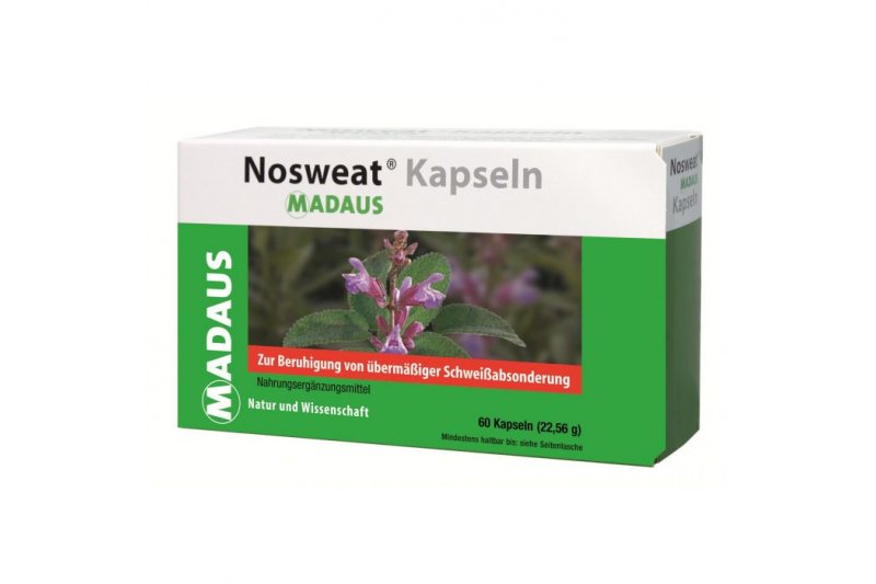 Packung mit Nosweat Kapseln zur Beruhigung übermäßiger Schweißabsonderung, mit lila blühender Pflanze auf dem Etikett.