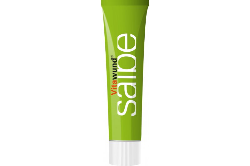 Grüne Tube mit Aufschrift "Vita wound Salbe", Verschluss mit Schraubdeckel, medizinische Salbe zur Wundpflege.