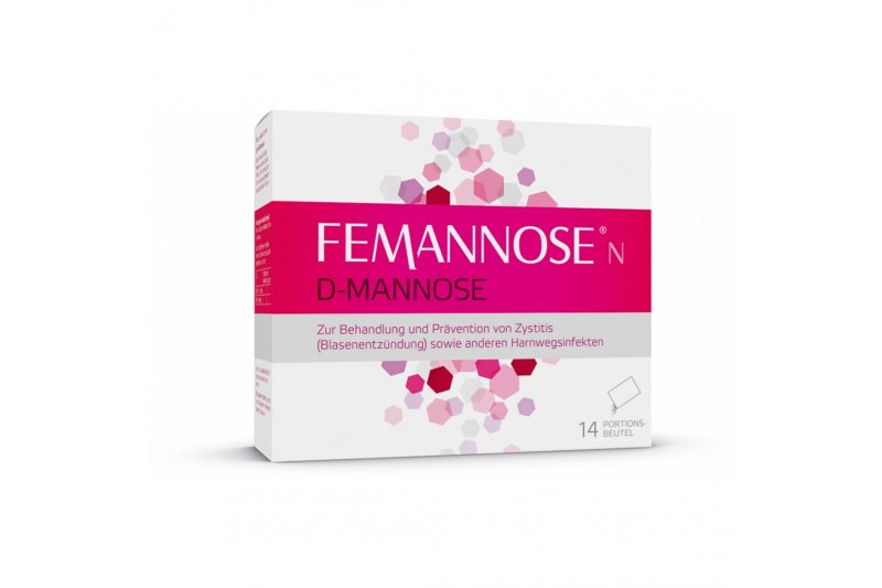 Verpackung von FEMANNOSE D-Mannose zur Behandlung von Zystitis und anderen Harnwegsinfekten, in ansprechenden Farben.