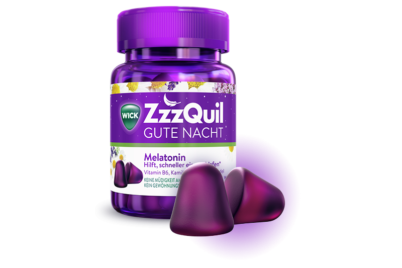 Lila Flasche mit Deckel und zwei lila Gelee-Drops, beworben als Schlafhilfe mit Melatonin.