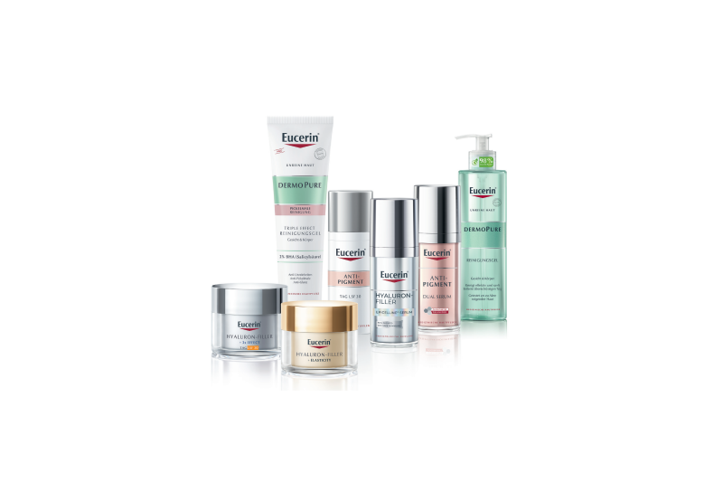 Verschiedene Hautpflegeprodukte von Eucerin, darunter Reinigungsgele und Cremes in unterschiedlichen Verpackungen.