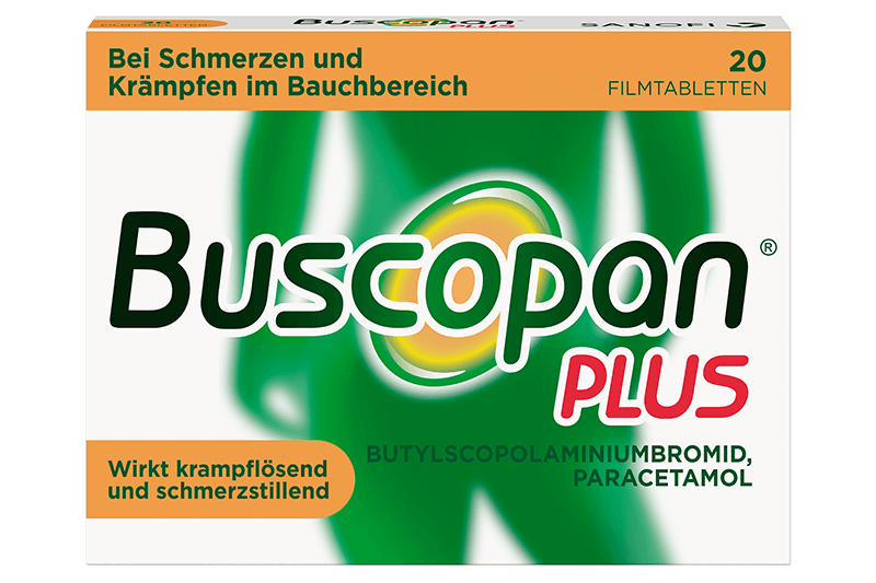 Packung von Buscopan Plus, die krampflösende und schmerzlindernde Filmtabletten enthält, mit grüner Farbe und orangefarbenen Details.