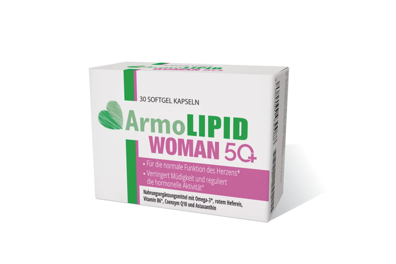 Verpackung mit Softgel-Kapseln ArmoLIPID WOMAN 5Q+, betont Herzfunktion und hormonelle Aktivität.
