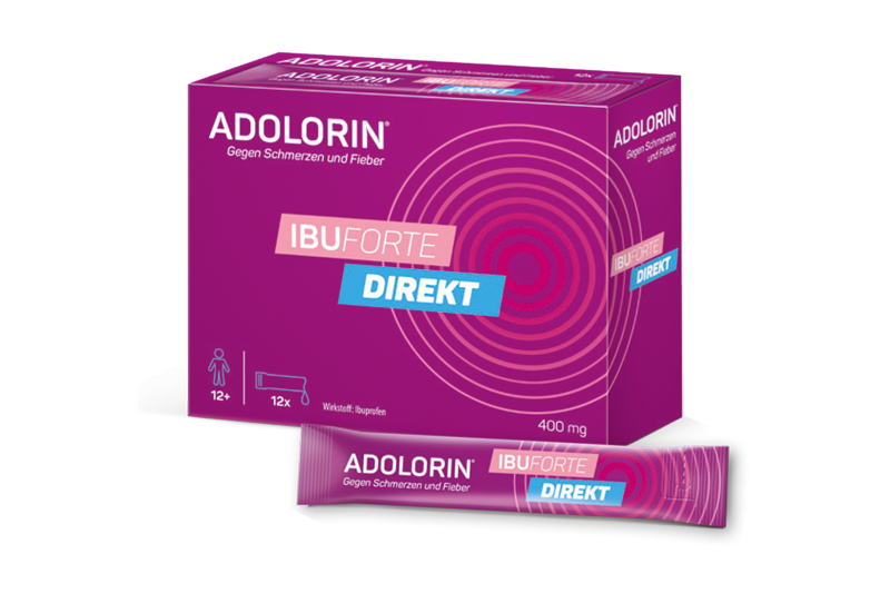 Packung von Adolorin IBUFORTE direkt mit 400 mg Ibuprofen, geeignet für Erwachsene und Jugendliche ab 12 Jahren.