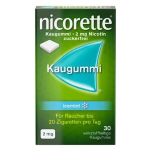 Verpackung von Nicorette Kaugummis, 2 mg Nikotin, Geschmack icemint, zuckerfrei, für Raucher.