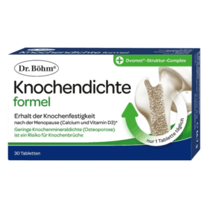 Verpackung von Dr. Böhm Knochen Dichte Formel mit Informationen zur Erhaltung der Knochenfestigkeit und Hinweis auf Calcium und Vitamin D3.