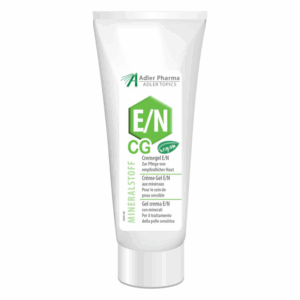 Weißer Tube mit grünem Etikett, Creme-Gel für empfindliche Haut, enthält Mineralstoffe, vegan, 100ml.