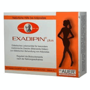 Verpackung von EXADIPIN plus, einem diätetischen Lebensmittel zur Behandlung von Adipositas mit einer grafischen Figur