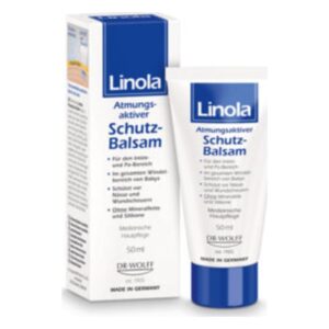 Linola Atmungsaktiver Schutz-Balsam in einer Klappverpackung mit Tube, zur Hautpflege, 50 ml, hergestellt in Deutschland.