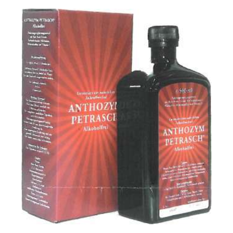 Schwarze Flasche mit rotem Etikett, umgeben von einer roten Verpackung, die "ANCHOZYM PETRASCH alkoholfrei" zeigt.