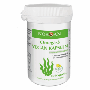 Weißes Kunststoffgefäß mit Schraubdeckel, das vegane Omega-3-Kapseln enthält, gekennzeichnet mit Markendetails.