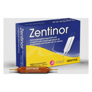 Verpackung von Zentinor, einem Nahrungsergänzungsmittel mit L-Arginin und L-Asparaginsäure, in einer blauen Schachtel mit 20 Glasampullen.