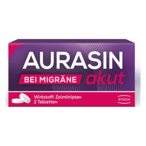 Packung Aurasin akut bei Migräne mit Wirkstoff Zolmitriptan, verpackt in einer violetten und pinken Box.