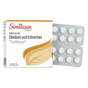 Verpackung von Similasan-Tabletten gegen Übelkeit und Erbrechen, mit Blisterpackung und minimalistischen Designelementen.