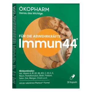 Verpackung von OKOPHARM Immun44, einem Nahrungsergänzungsmittel zur Stärkung der Abwehrkräfte, mit bunten Grafiken und Informationen zu Inhaltsstoffen.