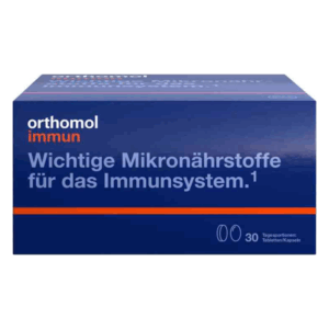 Verpackung von Orthomol Immun, dunkelblauer Karton mit orangefarbener Schrift über Mikronährstoffe für das Immunsystem.