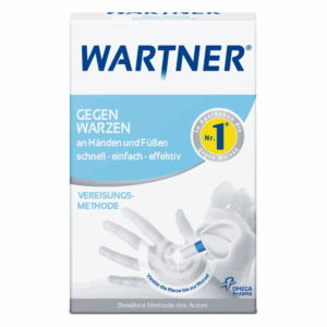 Verpackung des Produkts Wartner zur Behandlung von Warzen, mit Anwendungshinweisen und grafischen Elementen.