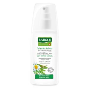 Ein weißer Sprühbehälter mit grünem Etikett, der einen Kräuter-Entwirrspray für gesundes Haar enthält.