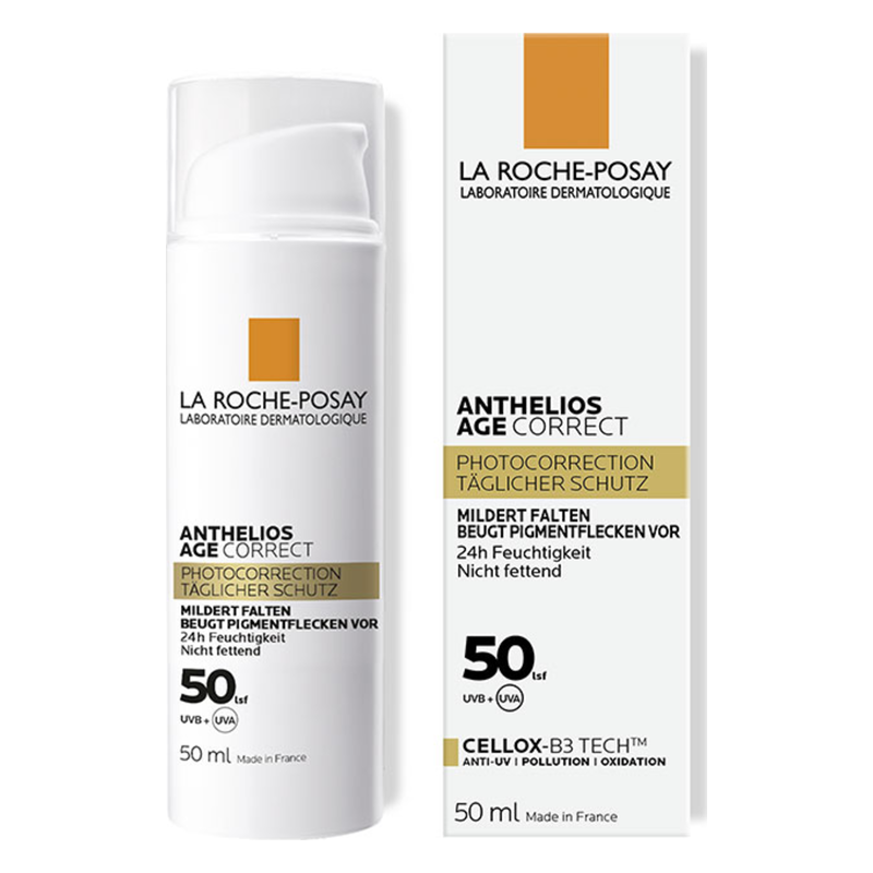 Schutzcreme von La Roche-Posay in weißer Kunststoffverpackung mit Pumpaufsatz und goldener Schrift.