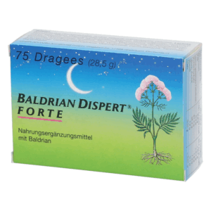 Verpackung von Baldrian Dispert Forte, einem Nahrungsergänzungsmittel mit Baldrian, in einer blauen und grünen Schachtel.