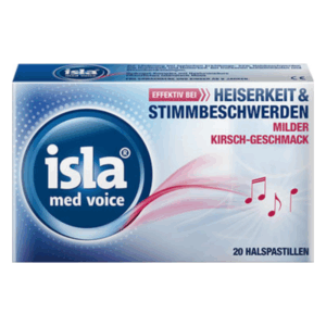 Verpackung von isla med voice Halspastillen mit cherry Geschmack, zur Linderung von Heiserkeit und Stimmproblemen.