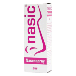 Verpackung eines Nasensprays mit rosa Logo und der Aufschrift "Nasic Nasenspray pur".