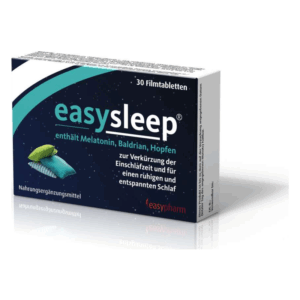 Packung mit 30 Filmtabletten easySleep, enthält Melatonin, Baldrian und Hopfen zur Verbesserung des Schlafs.
