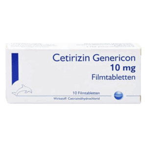 Verpackung von Cetirizin Genericon, 10 mg Filmtabletten, mit blauer Schrift und Delfinlogo.