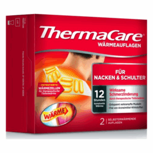 Verpackung von ThermaCare Wärmeauflagen für Nacken und Schulter, betont Wirkung und Anwendung.