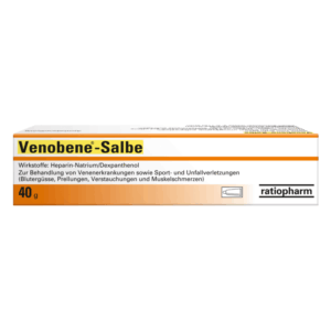 Verpackung der Venobene-Salbe mit Hauptinhaltsstoffen Heparin-Natrium und Dexpanthenol zur Behandlung von Verletzungen.