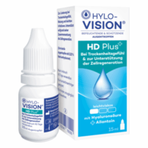 Packung mit Hylo-Vision HD Plus Augentropfen, 15 ml, zur Linderung von Trockenheitsgefühl, mit Hyaluronsäure und Allantoin.