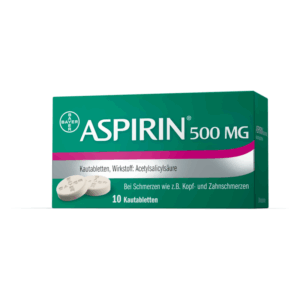 Packung mit 10 Kautabletten Aspirin 500 mg, wirkt gegen Schmerzen, enthält Acetylsalicylsäure.
