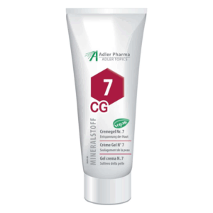 Weißes Tube mit rotem Schriftzug und hexagonalem Symbol, enthält Cremegel Nr. 7 zur Hautentspannung, vegan.