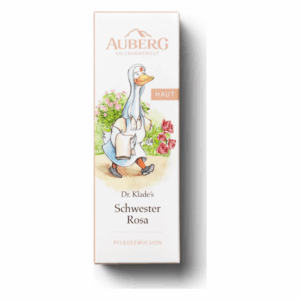 Verpackung einer Pflegeemulsion mit einer illustrierte Gans in Krankenschwesterkleidung, umgeben von Blumen.