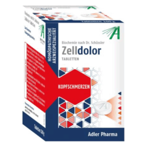 Verpackung von Zelldolor Tabletten zur Behandlung von Kopfschmerzen mit auffälliger roter Gestaltung.