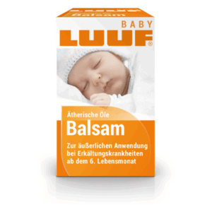 Verpackung des LUUF Baby Balsams mit einem schlafenden Baby auf der Vorderseite, geeignet für Erkältungsanwendungen.