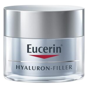 Hyaluronsäure-Creme in einem rundlichen, klaren Glasbehälter mit metallischem Deckel und Eucerin-Logo.