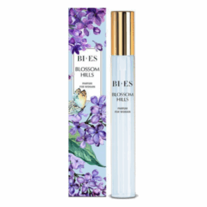 Flakon von Blumendüfte "Blossom Hills" für Frauen mit einer bunten Verpackung voller Blumen und einem Schmetterling.