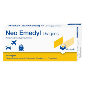 Verpackung von Neo Emadylyl Dragees gegen Reisekrankheit, enthält Dimenhydrinat und Coffein, in einer gelben Box.