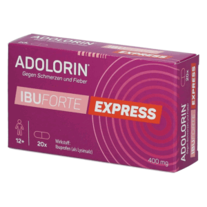 Packung von Adolorin IBUFORTE EXPRESS, 400 mg, gegen Schmerzen und Fieber, enthält 20 Tabletten, für Personen ab 12 Jahren.