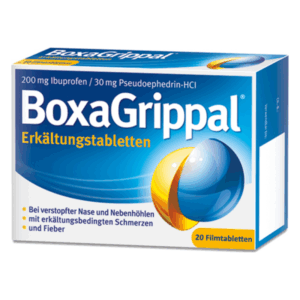 Packung BoxaGrippal Erkältungstabletten mit blauer und gelber Grafik, für die Linderung von Erkältungssymptomen.