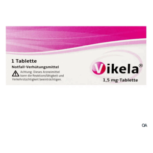 Verpackung einer Notfall-Verhütungstablette namens Vikela mit Warnhinweis zur Reaktionsfähigkeit.