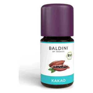 Flasche mit Bio-Kakaotropfen von Baldini, lila Kappe, beschriftet mit Kakao und Abbildung einer Kakaoschote.