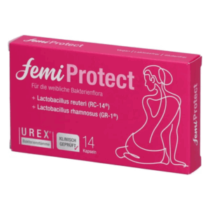 Packung mit femiProtect, einem Produkt zur Unterstützung der weiblichen Bakterienflora, in leuchtend pinker Farbe.
