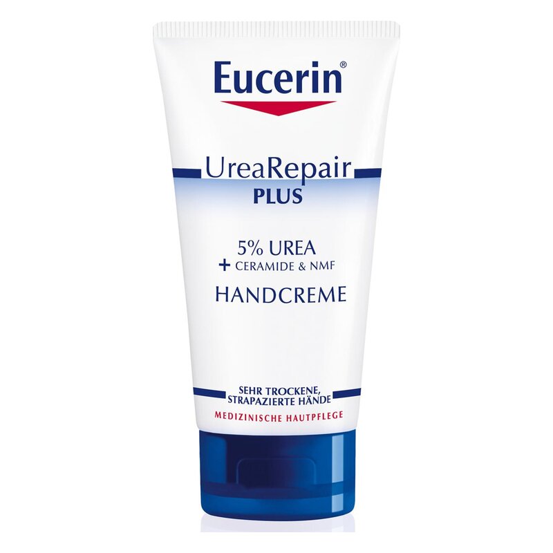 Tube mit Eucerin UreaRepair Plus Handcreme, enthält 5% Urea, Ceramide und NMF, für trockene Hände.