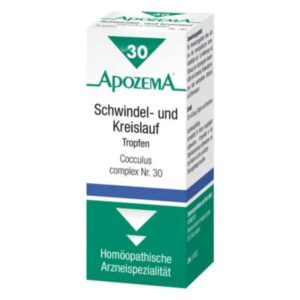 Packung mit homöopathischen Tropfen gegen Schwindel und Kreislauf, mit grüner und blauer Gestaltung.